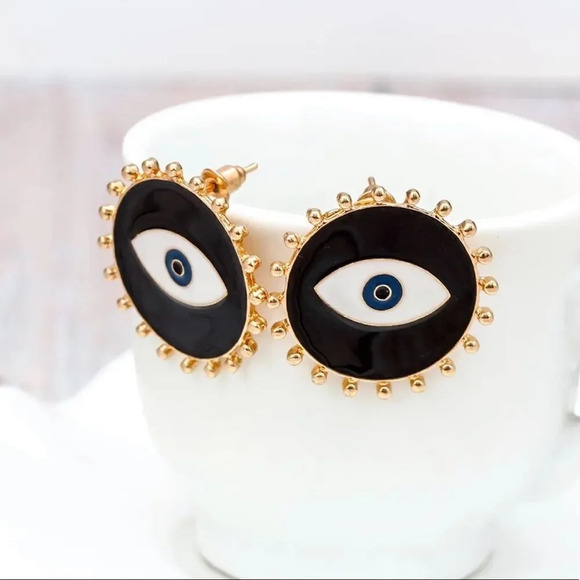 NEW! Boho Round Studded Enamel Evil Eye Stud Earrings - Picture 5 of 10